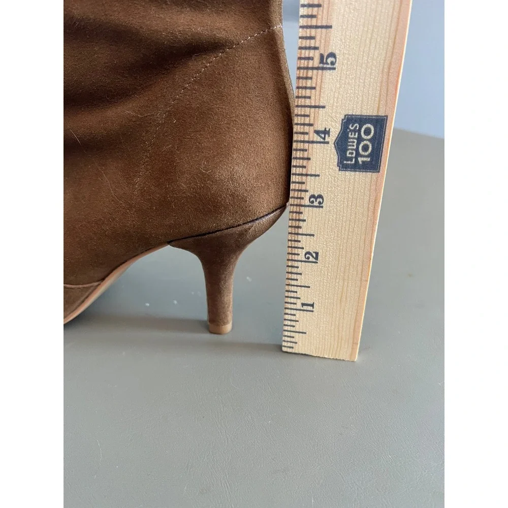 Vince Camuto Brown Suede Pointed Toe Kitten Heel Ankle Booties Fold Over Cuff